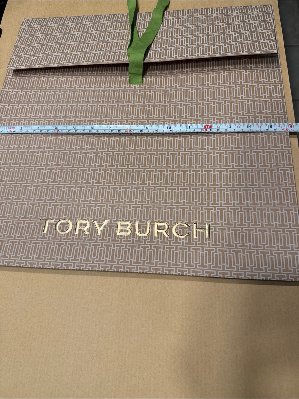 Tory Burch Brown Box with Gold Logo and Green Ribbon